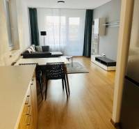 Living room in a two-room apartment with a sofa, dining table, and shelves.