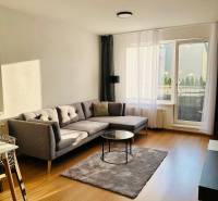 Bright living room in a 2-room apartment with a sofa, table, and large window.