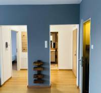 Interior of a 2-room apartment with wooden flooring and a blue wall.