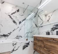 Bathroom with a glass shower, sink, and wooden storage in a 3-room apartment.