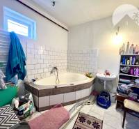 A bathroom in a family house with a bathtub, a sink, and a shelf with toiletries.