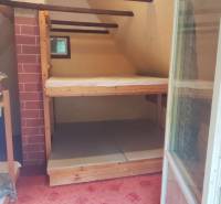 Attic room in a cabin with a bunk bed and a red carpet.