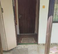 Open door leading to a cabin; concrete floor, doormat, and vegetation.