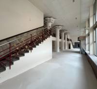 Spacious commercial spaces with a staircase and decorative railing, large windows.