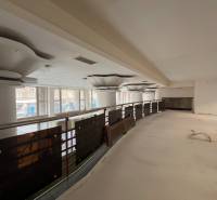 Interior of commercial spaces with large windows and railing on the upper floor.