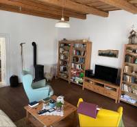 Living room of a family house with wooden bookshelves and a fireplace stove.