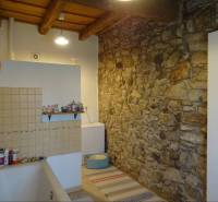 A bathroom with a stone wall and a wooden ceiling in a family house.