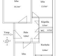 Floor plan of a 3-room apartment with a hallway, kitchen, bathroom, and toilet.