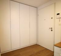 Entrance hall in a 2-room apartment with cabinets and wooden flooring.