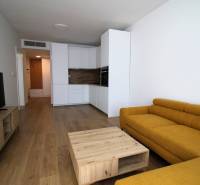 Living room with a kitchen, wooden floor, yellow sofa, and television in a two-room apartment.