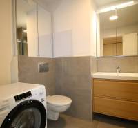 A bathroom in a 2-room apartment with a washing machine, toilet, and wooden washbasin counter.
