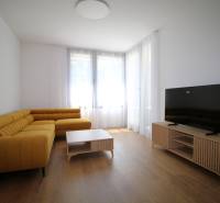 Living room with a large yellow sofa and a television in a two-room apartment.