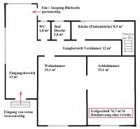 Floor plan of a family house with rooms: living room, kitchen, bedroom, bathroom, and toilet.