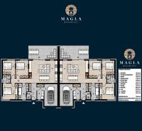 Floor plan of a semi-detached house with garages and terraces in a family home. Magla Residence project.