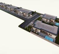 Visualization of family houses on Vrakúň Street in Dunajská Streda with gardens and swimming pools.