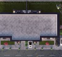 A top view of the garages and garden of a family house on Vrakúň Street in Dunajská Streda.