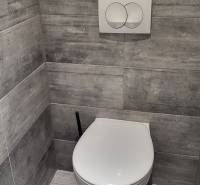 WC with tiles in a 1-room apartment, gray tiles and a toilet paper holder.