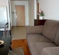 Living room with a sofa, dining table, and kitchen unit in a 2-room apartment.