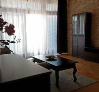 Living room in a two-room apartment with brick walls and wooden furniture, decorated with flowers.