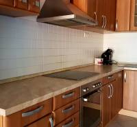 A kitchen in a 2-room apartment with wooden cabinets, a cooktop, and a sink.