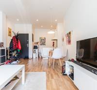 Living room in a two-room apartment with a dining table, TV, and decorations.