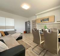 Living room with a kitchen, sofa, dining table, and modern chairs in a two-room apartment.