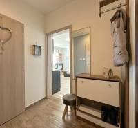 Hallway in a 2-room apartment with a mirror, furniture, and a coat rack.