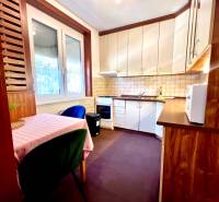 A kitchen in a 2-room apartment with a ceiling light, wooden furniture, and a dining table.