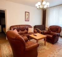Leather sofa set in the living room of a 2-room apartment with a chandelier and a carpet.