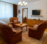 Living room in a two-room apartment with a leather sofa set and wooden furniture.