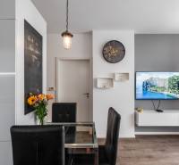 A stylish living room in a two-room apartment with a television, an armchair, and flowers on the table.