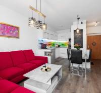 Living area with a red sofa in a 2-room apartment, next to the kitchen and dining table.