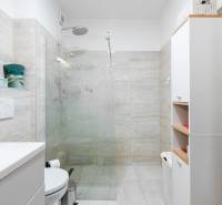 Bathroom in a 2-room apartment with a shower, towel, and ceramic tiles.
