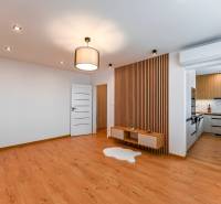 Living room in a three-room apartment with wooden flooring and a stylish wall next to the kitchen.