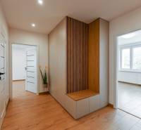 A hallway with a built-in cabinet and two white doors in a 3-room apartment.