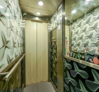 An elevator with decorative walls and a floral pattern in a 3-room apartment.