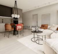 Living room with a kitchenette, comfortable sofa, and dining table in a 3-room apartment.