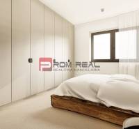 A bedroom in a 3-room apartment with a large wardrobe, a wooden bed, and a window.