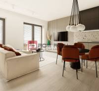 Living room of a 3-room apartment with a sofa, dining table, and kitchen unit.