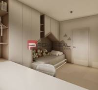 Children's room in a three-room apartment with a bed, shelves, and toys.