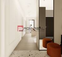 A hallway with a terrazzo floor, orange poufs in a 3-room apartment, light and minimalist design.