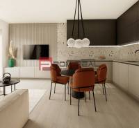 Living room with dining area and kitchen in a 3-room apartment, bright and cozy environment.