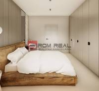 Elegant bedroom with a large bed and built-in wardrobes in a 3-room apartment.