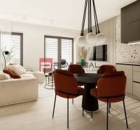 Interior of a 3-room apartment with a comfortable sofa, dining table, and kitchen unit.