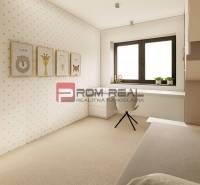 Children's room in a 3-room apartment with white walls, decorations, and a desk.
