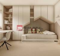 Children's room in a 3-room apartment with light furniture and decorations for kids.