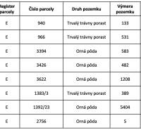 Parcel data table: plot number, type of land, area, co-ownership share.