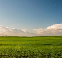 Green agricultural and forest lands around Sokoľ with wind turbines on the horizon.