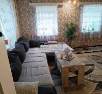 Living room in a family house with a large sofa and a patterned carpet.