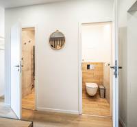 Bathroom and toilet in a 3-room apartment, white walls, wooden floors, mirror.